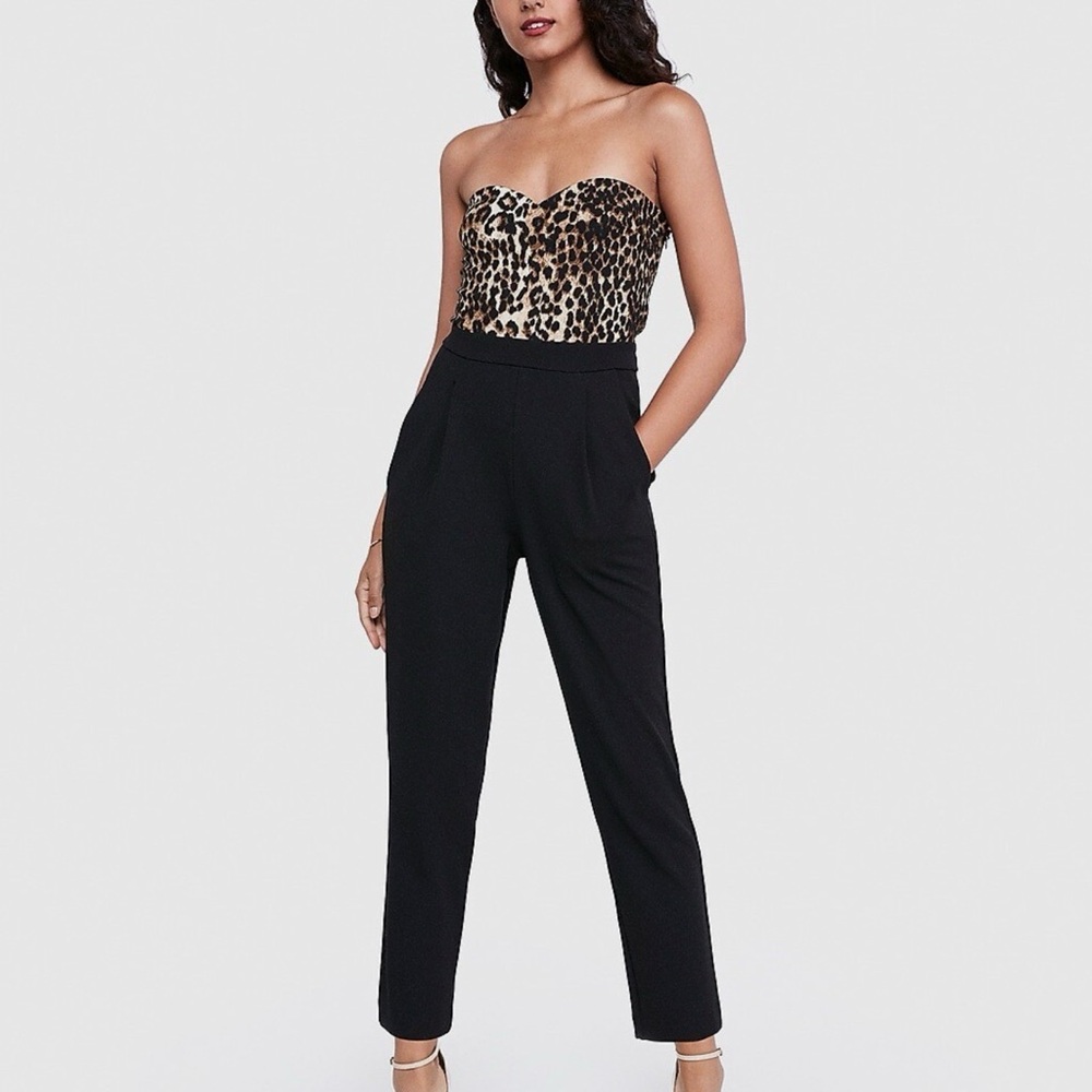 Express Leopard Print Sweetheart Bodice Strapless Jumpsuit Size 4 Black Pants